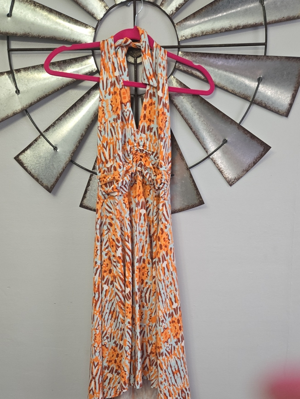 Orange & White Sleeveless Halter Maxi Dress